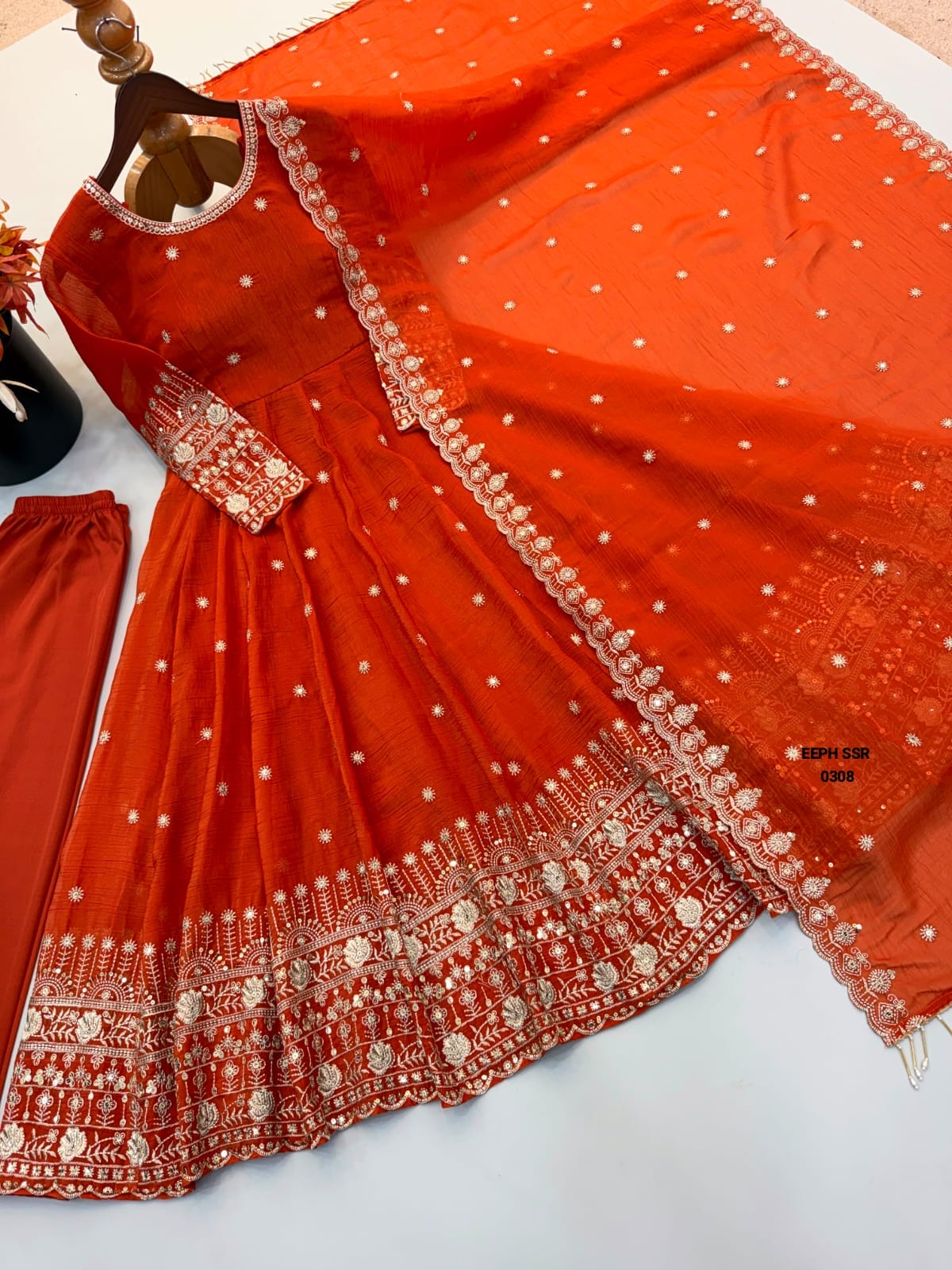 Crunchy Silk Embroidered Sequence Work Anarkali Salwar Set